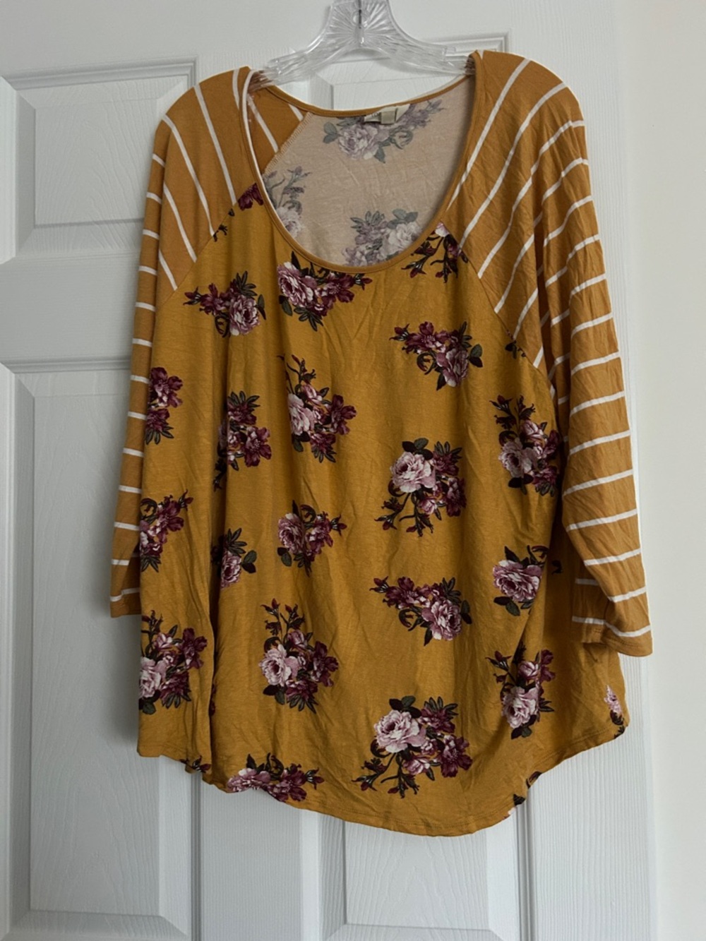 loralette Mustard Floral Front with Striped Raglan Sleeves Top